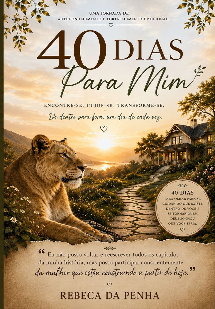 Capa fotografada do livro 40 Dias Para Mim, de Rebeca da Penha, com uma leoa diante de uma paisagem ao pôr do sol