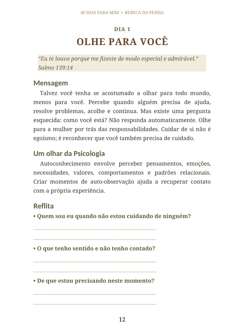 Página do Dia 1, Olhe para você, com reflexão e perguntas